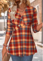 Multi Color Tummy Control Plaid Long Sleeve Blouse