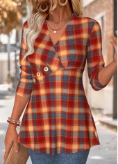 Multi Color Tummy Control Plaid Long Sleeve Blouse | thumb picture 