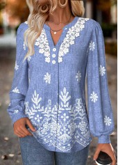 Denim Blue Tummy Coverage Tribal Print Long Sleeve Blouse | thumb picture 