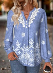 Denim Blue Tummy Coverage Tribal Print Long Sleeve Blouse