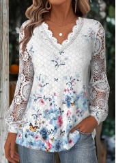 White Tummy Coverage Floral Print Long Sleeve Blouse