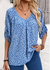 Light Blue Tummy Coverage Heart Print 3/4 Sleeve Blouse