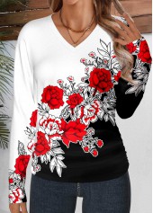Multi Color Shirred Floral Print Long Sleeve T Shirt