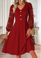 Red Tummy Coverage Long Sleeve V Neck Dress