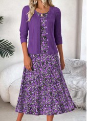 Purple Tummy Coverage Ditsy Floral Print Dress and Cardigan