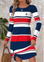 Multi Color Tummy Coverage Striped Short Long Sleeve Dress