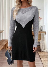 Grey Short Long Sleeve Round Neck Bodycon Knit Dress