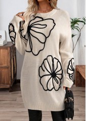 Beige Floral Print Short Long Sleeve Knit Dress