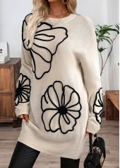 Beige Floral Print Short Long Sleeve Knit Dress | thumb picture 