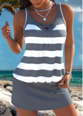 Tummy Coverage Mid Waisted Striped Grey Tankini Set | thumb picture 