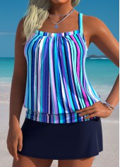 Tummy Coverage Mid Waisted Multi Stripe Print Tankini Set