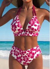Mid Waisted Tropical Plants Print Hot Pink Bikini Set | thumb picture 