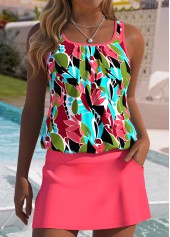 Tummy Coverage Mid Waisted Tropical Plants Print Tankini Set