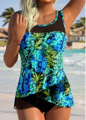 Tummy Coverage Mid Waisted Tropical Plants Print Tankini Set | thumb picture 