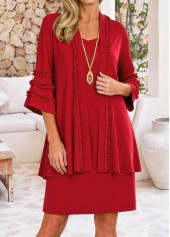 Red Shirred Short 3/4 Sleeve Dress and Cardigan