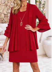 Red Shirred Short 3/4 Sleeve Dress and Cardigan | thumb picture 