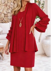 Red Shirred Short 3/4 Sleeve Dress and Cardigan | thumb picture 