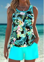 Tummy Coverage Mid Waisted Floral Print Cyan Tankini Set