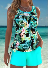 Tummy Coverage Mid Waisted Floral Print Cyan Tankini Set | thumb picture 