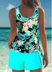 Tummy Coverage Mid Waisted Floral Print Cyan Tankini Set | thumb picture 