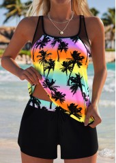 Tummy Coverage Mid Waisted Tropical Plants Print Tankini Set