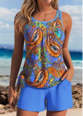 Tummy Coverage Mid Waisted Paisley Print Tankini Set