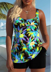 Tummy Coverage Mid Waisted Tropical Plants Print Tankini Set