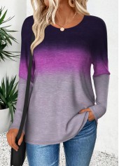Purple Curved Hem Ombre Long Sleeve T Shirt