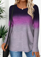 Purple Curved Hem Ombre Long Sleeve T Shirt | thumb picture 