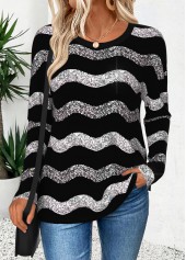 Black Curved Hem Wave Pattern Print T Shirt