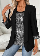 Black Tummy Coverage Half Sleeve Fake Two Piece Twinset