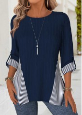 Navy Tummy Coverage Striped Long Sleeve Round Neck Blouse