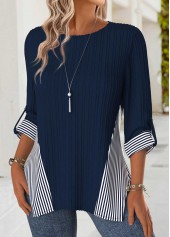 Navy Tummy Coverage Striped Long Sleeve Round Neck Blouse | thumb picture 