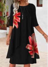Black Tummy Coverage Floral Print Half Sleeve Dress