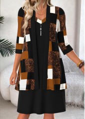 Dark Camel Tummy Coverage Geometric Print Dress and Cardigan
