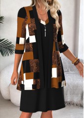 Dark Camel Tummy Coverage Geometric Print Dress and Cardigan | thumb picture 