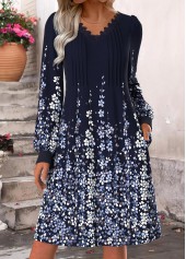 Dark Blue Tummy Coverage Floral Print Long Sleeve Dress