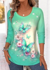 Cyan Tummy Coverage Butterfly Print Long Sleeve T Shirt