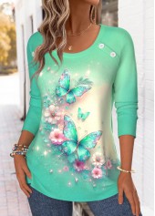 Cyan Tummy Coverage Butterfly Print Long Sleeve T Shirt | thumb picture 