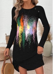 Black Tummy Coverage Graffiti Print Short Long Sleeve Dress