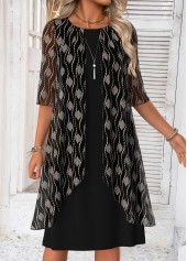 Black Tummy Coverage Geometric Print Half Sleeve Dress