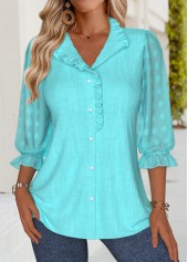 Cyan Frill 3/4 Sleeve Stand Collar Blouse
