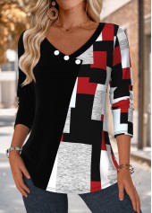 Black Patchwork Geometric Print Long Sleeve T Shirt
