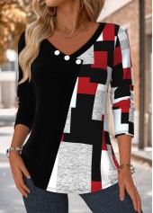 Black Patchwork Geometric Print Long Sleeve T Shirt | thumb picture 