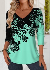 Mint Green Floral Print Long Sleeve T Shirt