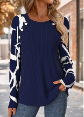 Navy Tummy Coverage Geometric Print Long Sleeve T Shirt | thumb picture 