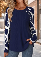 Navy Tummy Coverage Geometric Print Long Sleeve T Shirt