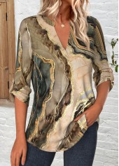 Dark Camel Curved Hem Marble Print 3/4 Sleeve Shirt | thumb picture 