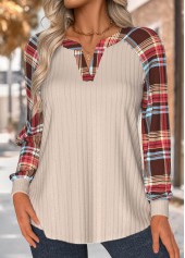Light Camel Tummy Coverage Plaid Long Sleeve Sweatshirt