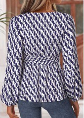 Navy Peplum Geometric Print Long Sleeve V Neck Blouse | thumb picture 